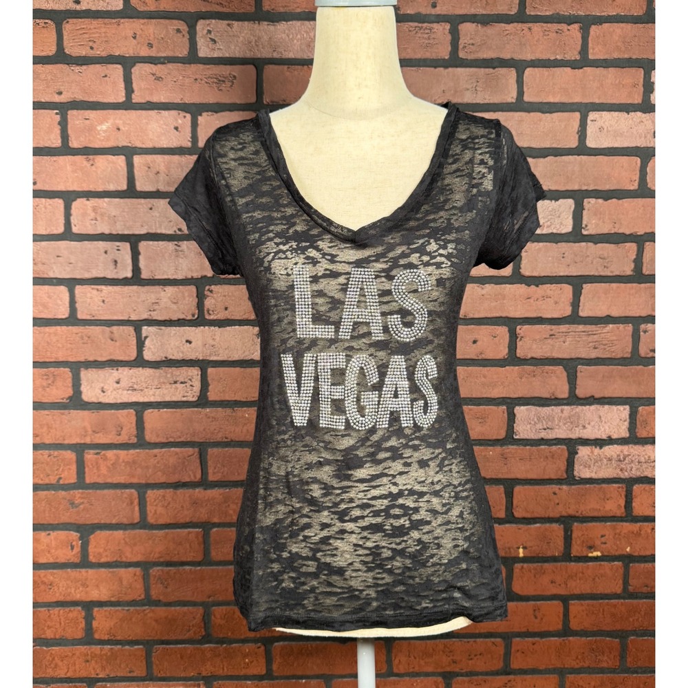Miss Popular Black Sheer‎ Rhinestone Las Vegas Short Sleeve Shirt Womens L Y2K